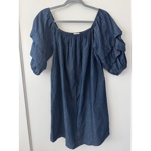 BP. Chambray Med Wash Layered Sleeve Off the Shoulder Dress Size Medium - Picture 1 of 9